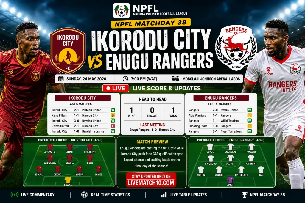 Ikorodu City vs Enugu Rangers live score and prediction NPFL Matchday 38
