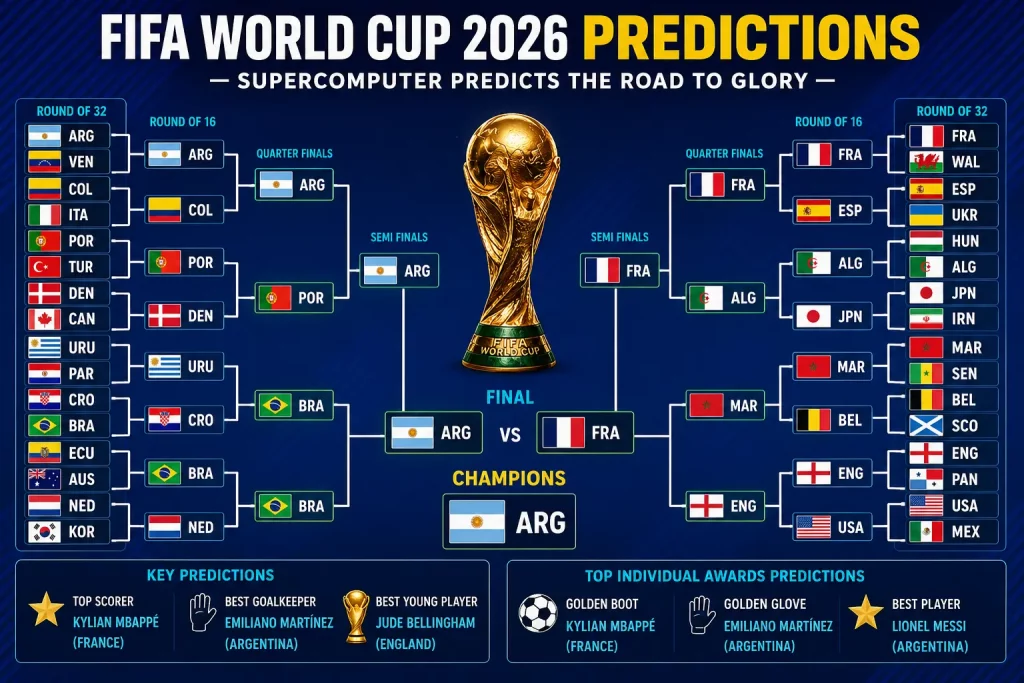 FIFA World Cup 2026 predictions bracket showing projected knockout stage, finalists and tournament winner