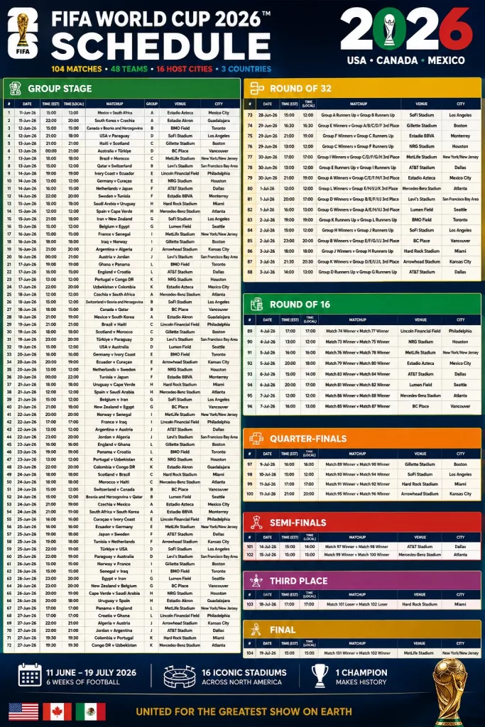 FIFA World Cup 2026 schedule showing all fixtures, match dates, venues, host cities and knockout stage matches in USA, Canada and Mexico.