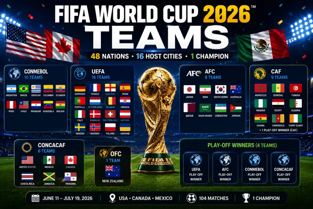 FIFA World Cup 2026 teams featuring all qualified nations competing in the tournament hosted by USA, Canada and Mexico