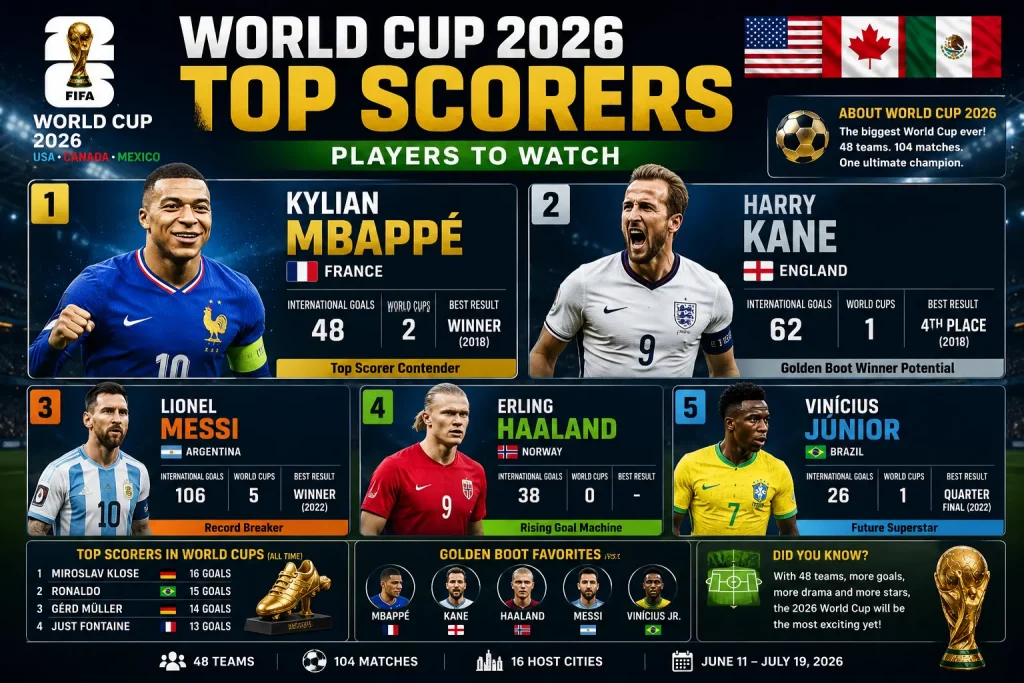 FIFA World Cup 2026 top scorers and Golden Boot contenders featuring leading goalscorers and player rankings
