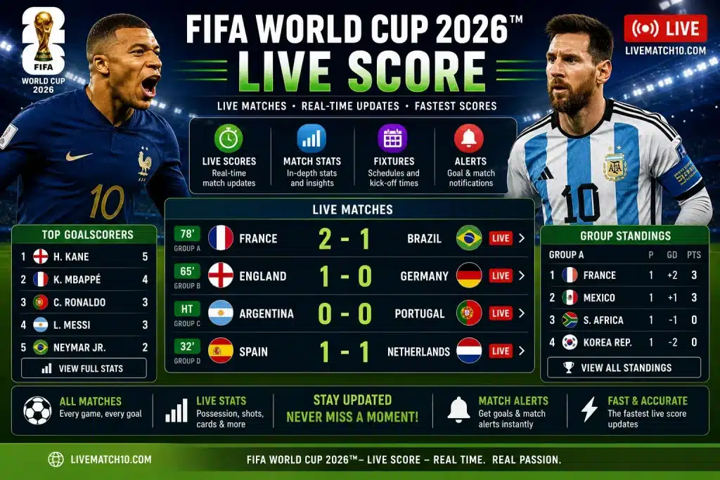 FIFA World Cup 2026 live score dashboard featuring real-time match scores, standings and statistics by LiveMatch10