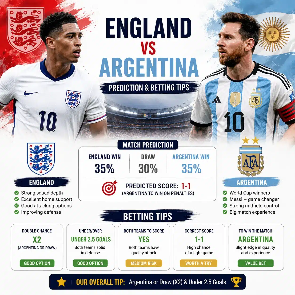 England vs Argentina prediction and betting tips with predicted score and match analysis