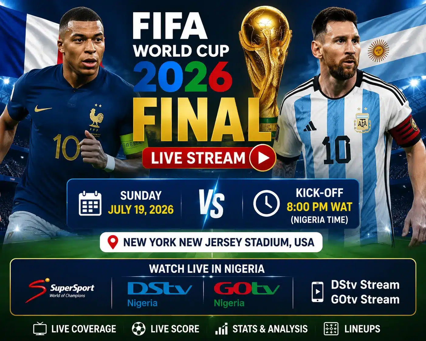 FIFA World Cup 2026 Final live stream guide featuring final match coverage, Nigeria viewing time, stadium and football broadcast information