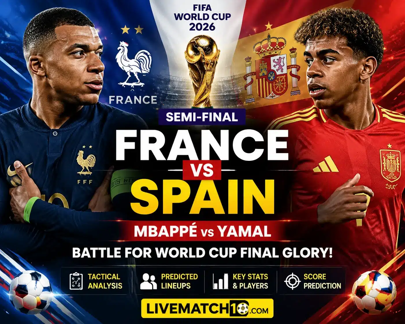 France vs Spain prediction World Cup 2026 semi-final featuring Kylian Mbappe and Lamine Yamal battle for final spot