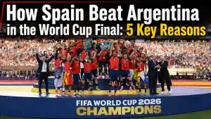 Spain players celebrate after beating Argentina in the 2026 World Cup final