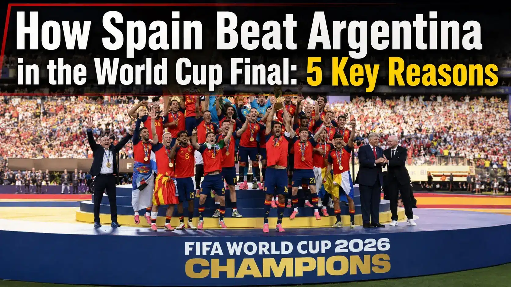 Spain players celebrate after beating Argentina in the 2026 World Cup final