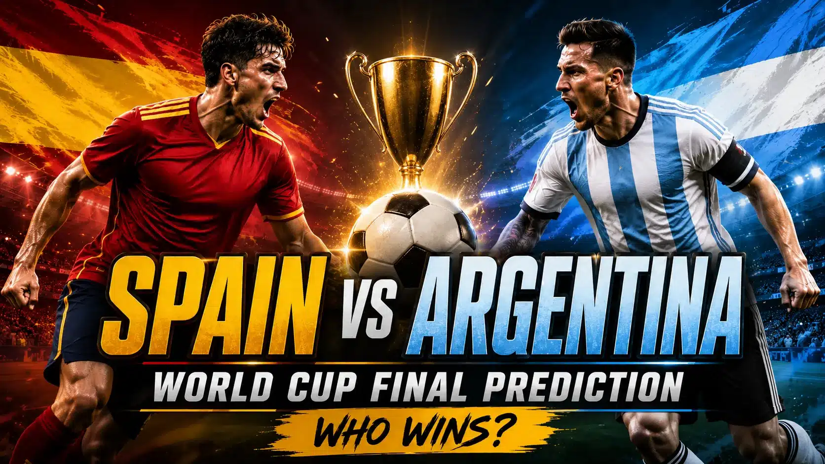Spain vs Argentina World Cup final prediction with football players facing each other